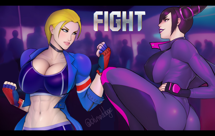 2girls angry_face background big_breasts black_hair blonde_hair bodysuit cammy_white capcom catfight color colored curvy curvy_female digital_drawing_(artwork) digital_media_(artwork) evil_smile fight jacket juri_han massive_breasts neon neon_lights nightclub ohmaddoge purple_eyes purple_hair street_fighter street_fighter_6 street_fighter_v