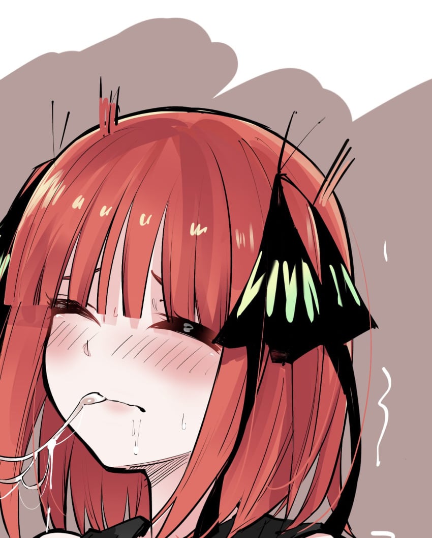 after_fellatio black_ribbon blunt_bangs blush brown_background butterfly_hair_ornament close-up closed_eyes cum cum_in_mouth cum_string facial female go-toubun_no_hanayome hair_ornament hair_ribbon highres mame1645 multicolored_background nakano_nino red_hair ribbon short_hair simple_background trembling white_background