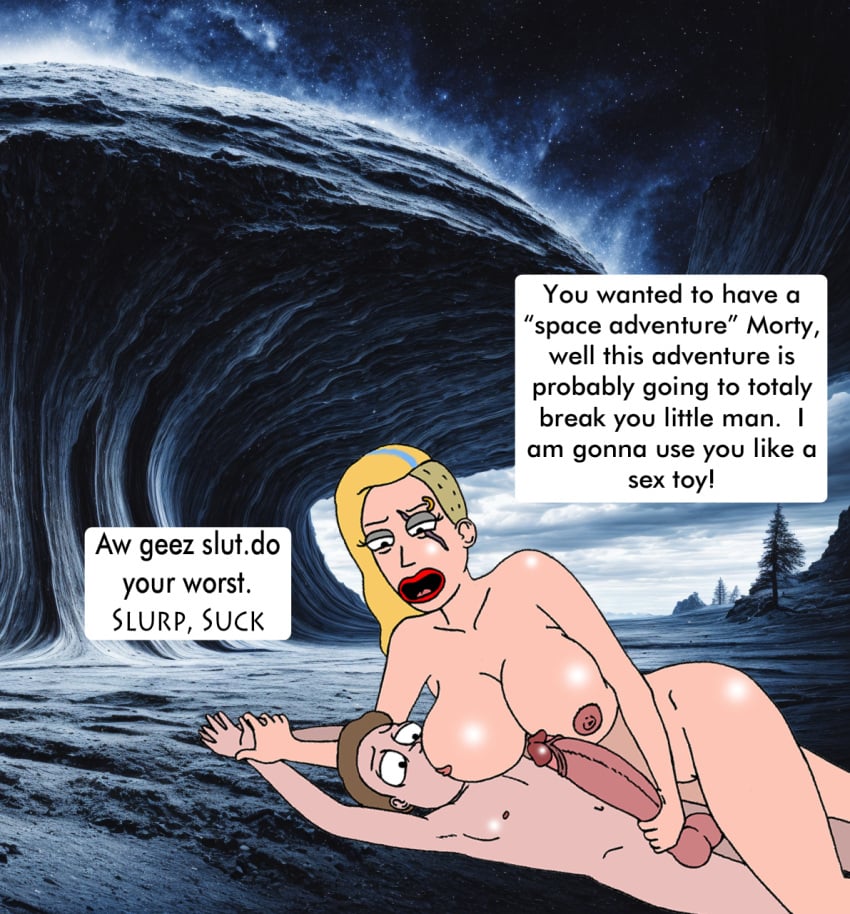 1boy 1girls age_difference blonde_hair breast_sucking brown_hair cloud curvaceous curvy english_text erect_penis erection female femdom huge_breasts imminent_incest large_breasts large_penis male malesub milf morty_smith outdoors outdoors_sex penis_grab rick_and_morty sbb scar_across_eye shaved_side space_beth speech_bubble straight text tree uncensored