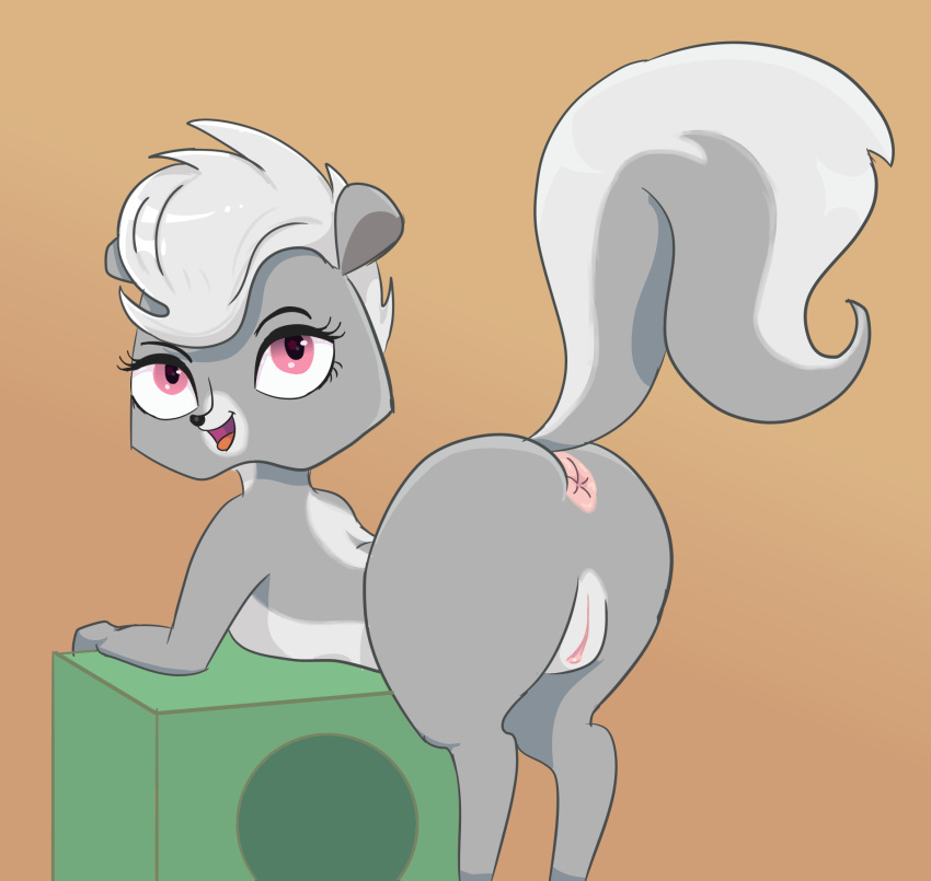 2023 anus ass big_butt block brown_background female feral fur genitals grey_body grey_fur hair hasbro hell99999 hi_res littlest_pet_shop littlest_pet_shop_(2012) looking_back mammal mephitid open_mouth pepper_clark pink_eyes presenting presenting_anus presenting_hindquarters presenting_pussy pussy raised_tail simple_background skunk solo tail white_hair