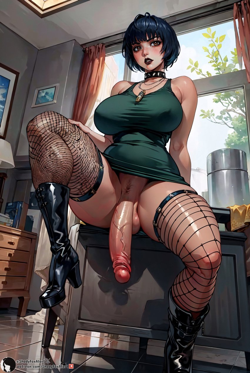 1futa 2023 ai_generated atlus bangs big_breasts big_penis black_lips black_lipstick blush boots bottomless breasts brown_eyes choker covered_breasts dark_blue_hair day daytime dress fishnet_legwear fishnet_stockings fishnets flaccid flaccid_penis futa_only futanari goth goth_futa green_dress high_resolution highres indoors kitchen lips no_underwear penis persona persona_5 picture_frame pubic_hair sega self_upload shadyfox short_hair sitting solo solo_focus solo_futa stable_diffusion tae_takemi teeth teeth_showing teeth_visible testicles uncensored upper_teeth upper_teeth_only vein veins veiny veiny_penis