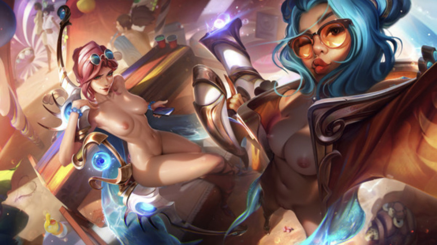 2girls ai_generated ashe_(league_of_legends) blue_hair breasts league_of_legends nude nude_female ocean_song_ashe ocean_song_zeri official_art official_artwork_edit official_style pink_hair pool_party_series riot_games zeri_(league_of_legends)