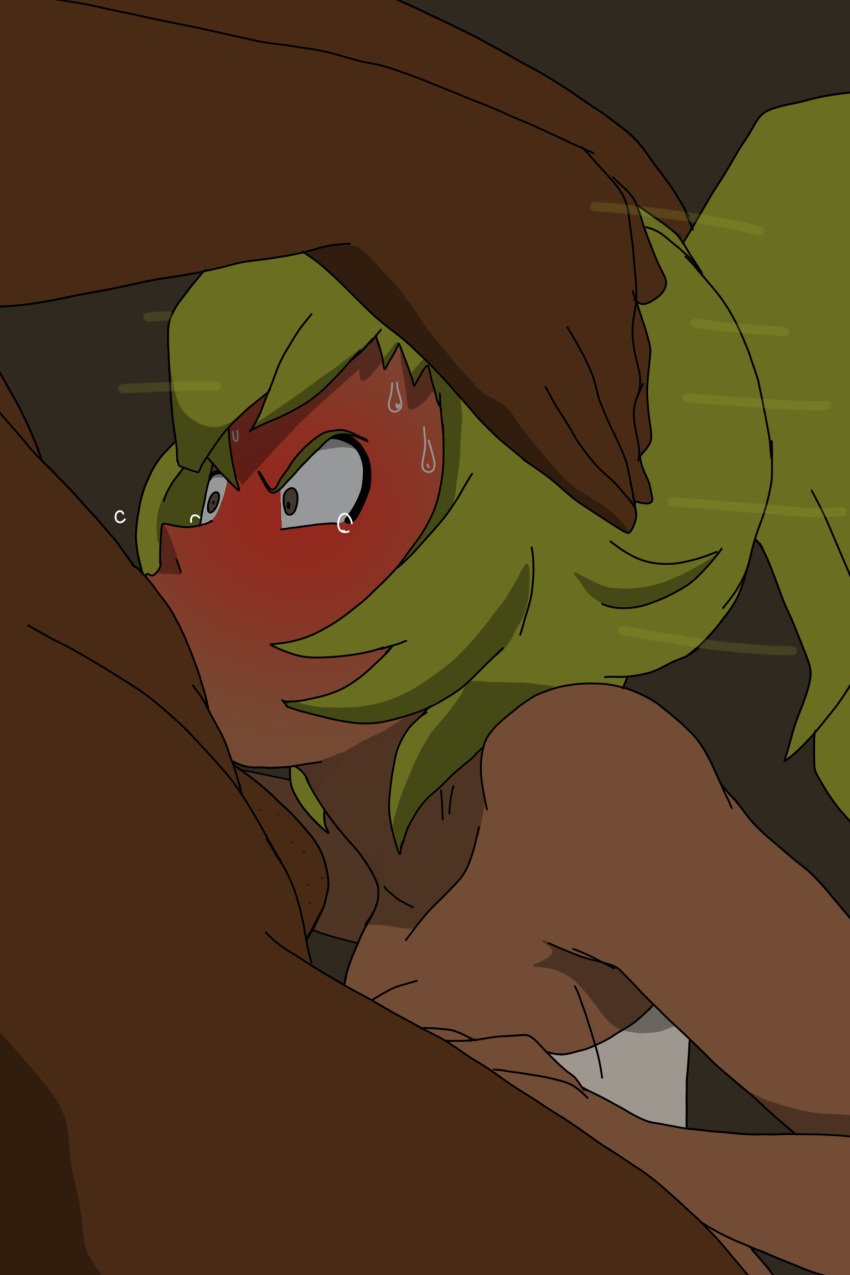 1boy 1girls all_the_way_to_the_base amalia blowjob blush close-up dark-skinned_female dark-skinned_male deepthroat fellatio female green_hair head_grab male oral oral_sex princess_amalia_sheran_sharm sadida straight sunnie sweat sweatdrop wakfu