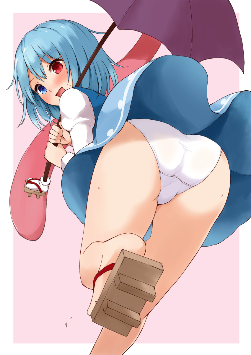 :d absurdres ass bad_id bad_pixiv_id bare_legs blue_eyes blue_hair blue_skirt blue_vest blush border brown_footwear commentary_request feet_out_of_frame female from_behind geta hair_between_eyes heterochromia highres holding holding_umbrella juliet_sleeves kogasa_tatara kogasa_tatara_(umbrella) long_sleeves looking_at_viewer looking_back nose_blush open_mouth outside_border panties pantyshot pink_background puffy_sleeves purple_umbrella red_eyes shirt short_hair simple_background skirt smile solo sweat tatara_kogasa techi_(techi35499) thighs tongue touhou umbrella underwear vest white_border white_panties white_shirt