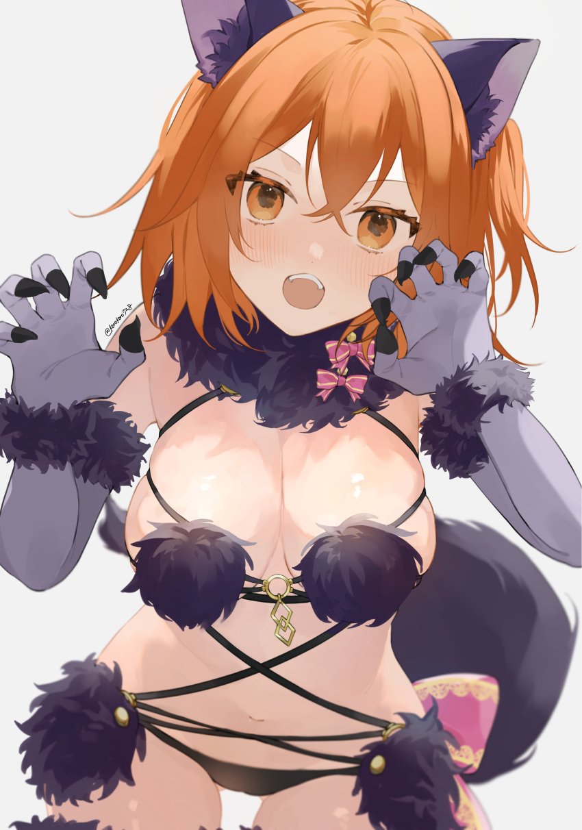 absurdres alternate_costume animal_ear_fluff animal_ears black_panties black_tail blush bow claw_pose claws cosplay dot_nose elbow_gloves eyelashes fate/grand_order fate_(series) female fujimaru_ritsuka_(female) fur-trimmed_gloves fur_bikini fur_collar fur_trim gloves highres mash_kyrielight mash_kyrielight_(dangerous_beast) mash_kyrielight_(dangerous_beast)_(cosplay) navel o-ring open_mouth orange_eyes orange_hair panties purple_gloves romo827 short_hair simple_background solo striped striped_bow tail teeth underwear upper_teeth_only white_background wolf_ears wolf_tail