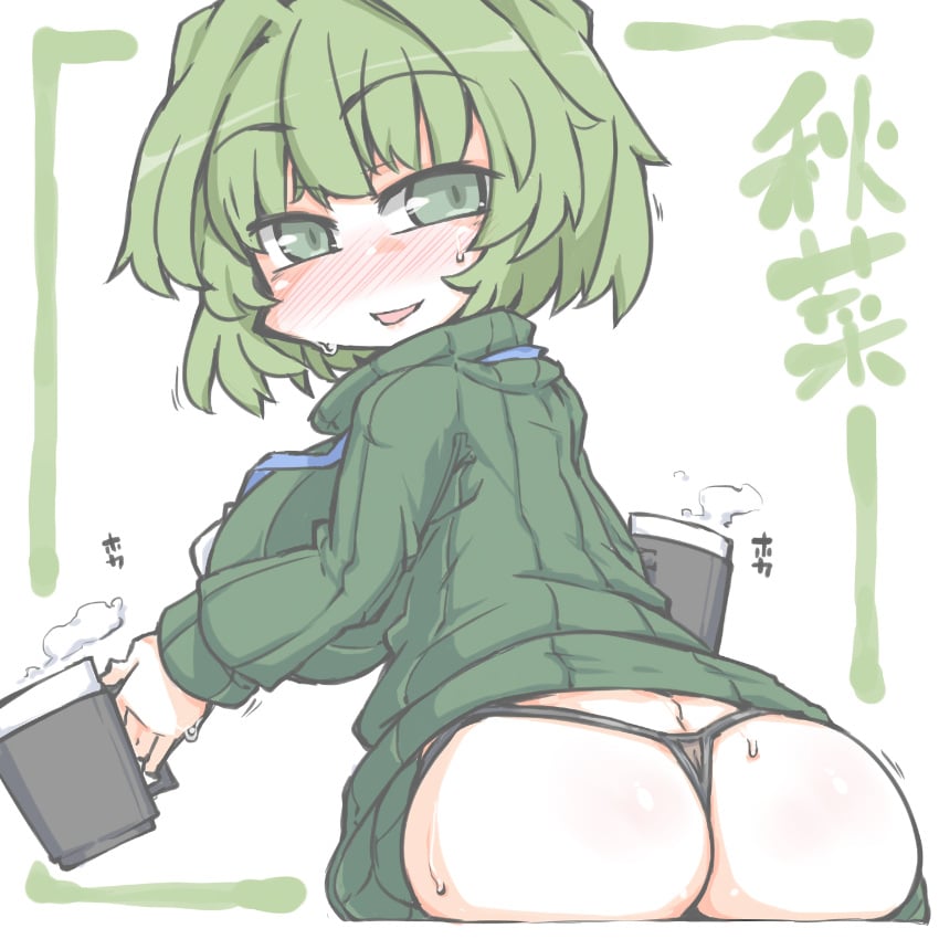 1girls akina-chan ass big_ass big_breasts blush breasts busty coffee_mug cup fat_ass from_behind green_eyes green_hair highres huge_ass large_breasts looking_at_viewer looking_back mature mature_female mature_woman mug original sensual short_hair sideboob sitting smile solo sweat sweater thong