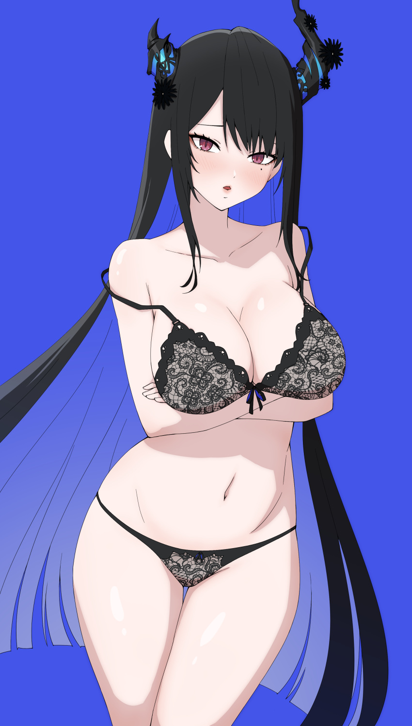 absurdres arms_under_breasts asymmetrical_horns black_bra black_hair black_panties blue_background blue_hair bra breasts cleavage colored_inner_hair cowboy_shot dayyo_(daydarion/day-chan) embroidered_bra embroidered_panties female highres hololive hololive_english hololive_english_-advent- horns large_breasts long_hair mole mole_under_eye multicolored_hair navel nerissa_ravencroft panties parted_lips red_eyes simple_background solo stomach strap_slip underwear underwear_only very_long_hair virtual_youtuber