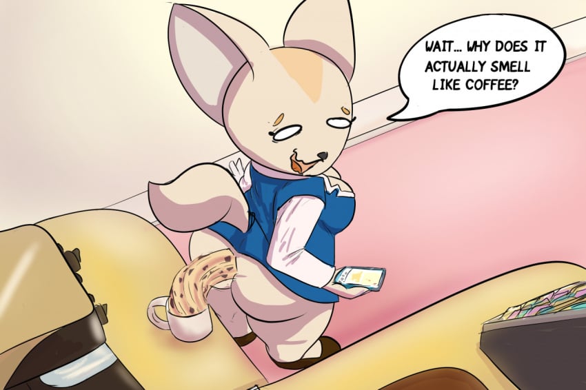 1girls aggressive_retsuko aggretsuko anthro anus break_room canid canine clothed clothing coffee_mug dialogue dress_lift english_text feces female fennec fenneko food food_scat fox ice_cream_cone indoors mammal no_panties raised_bottomwear raised_clothing raised_skirt sanrio scat shit-tier-skunk short_stack shortstack skirt smartphone solo speech_bubble standing uncensored