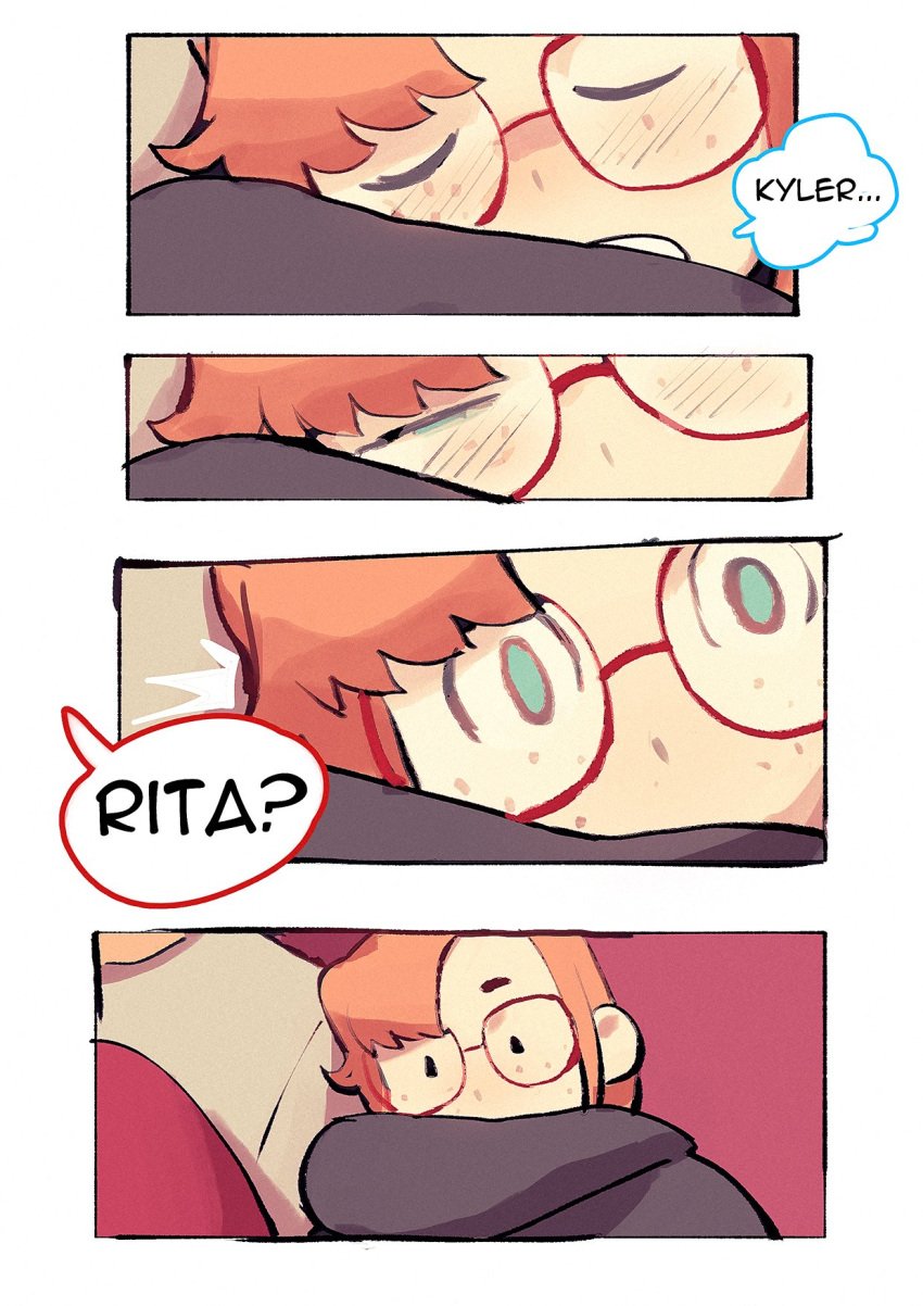 1boy 1girls 2021 close-up closed_eyes colo comic_page freckles_on_face glasses jacket kyler_(colo) leaning_on_elbow looking_at_partner original rita_(colo) signature sleeping sweet_hex talking_to_partner talking_to_self tears text_bubble waking_up