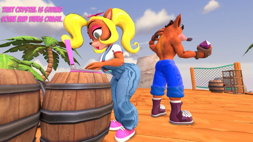 big_breasts breasts clothing coco_bandicoot computer crash_(series) crash_bandicoot electronics female footwear laptop male novaparadox1337 thick_thighs wide_hips