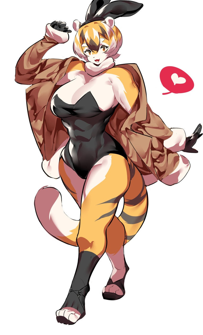 1girls amber_eyes anthro big_breasts breasts bunny_ears bunny_girl bunnysuit coat female jacket looking_at_viewer looking_down muscular muscular_anthro muscular_female muscular_thighs mx99926 oc rabbit_ears short_hair sole_female solo solo_female solo_focus spoken_heart tail thick_thighs tiger tiger_ears tiger_girl tiger_print tiger_stripes tiger_tail wide_hips