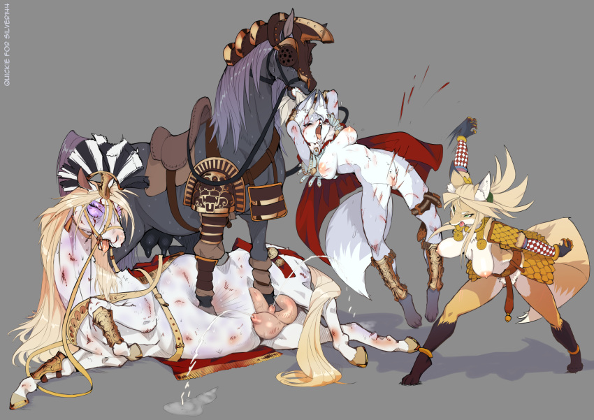 anthro armor black_fur blonde_hair blood boobs breast bruise cape claws cutie_mark defeated defeated_heroine dipstick_tail etheross feral fighting floppy_breasts green_eyes horse lactation nipples nude pain pussy ryona white_fur