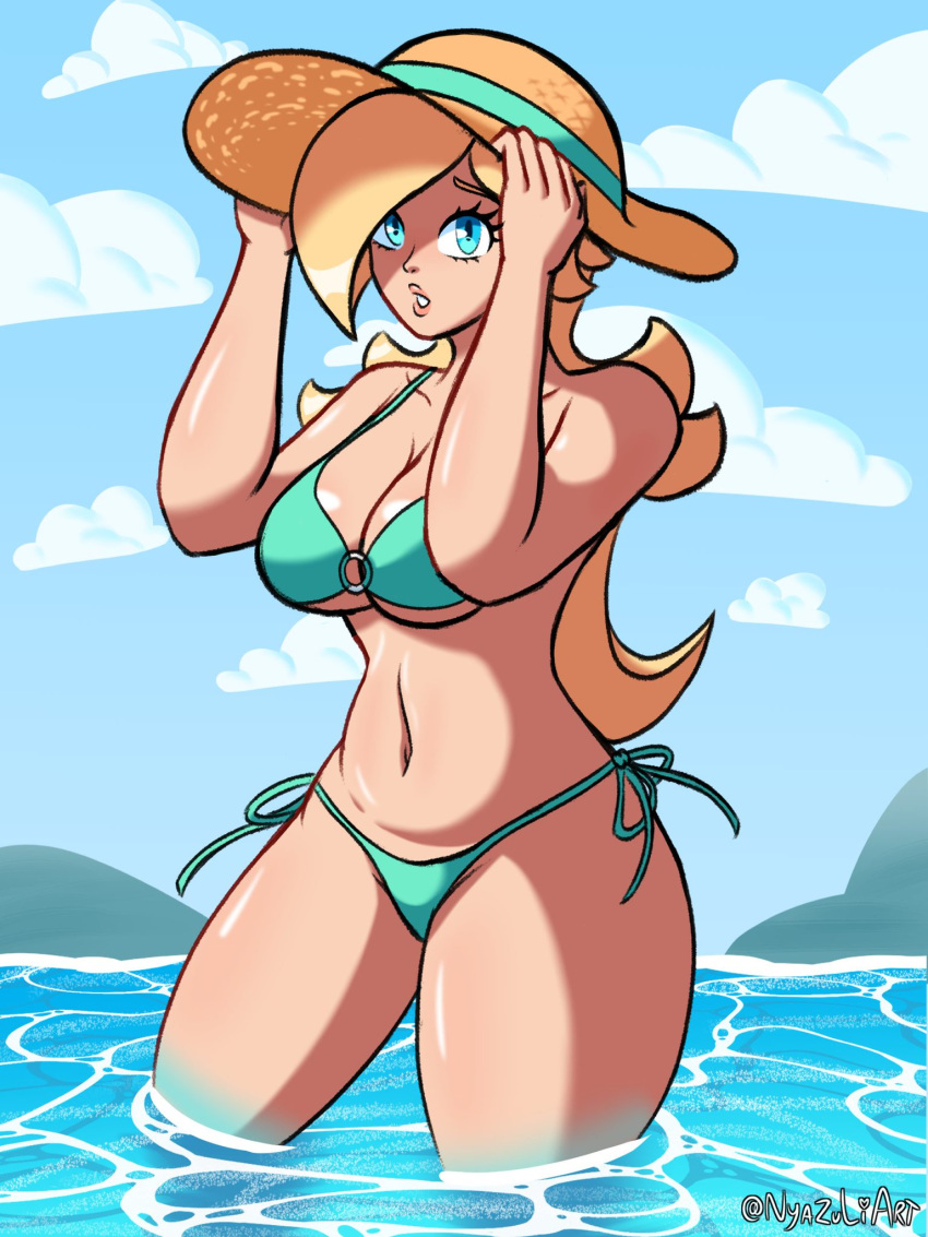 1girls 2020s 2023 artist_name big_breasts bikini blonde_hair blue_eyes breasts day female female_only hat long_hair mario_(series) nintendo nyazui open_mouth outside princess_rosalina shiny_skin sky solo twitter_username water wet