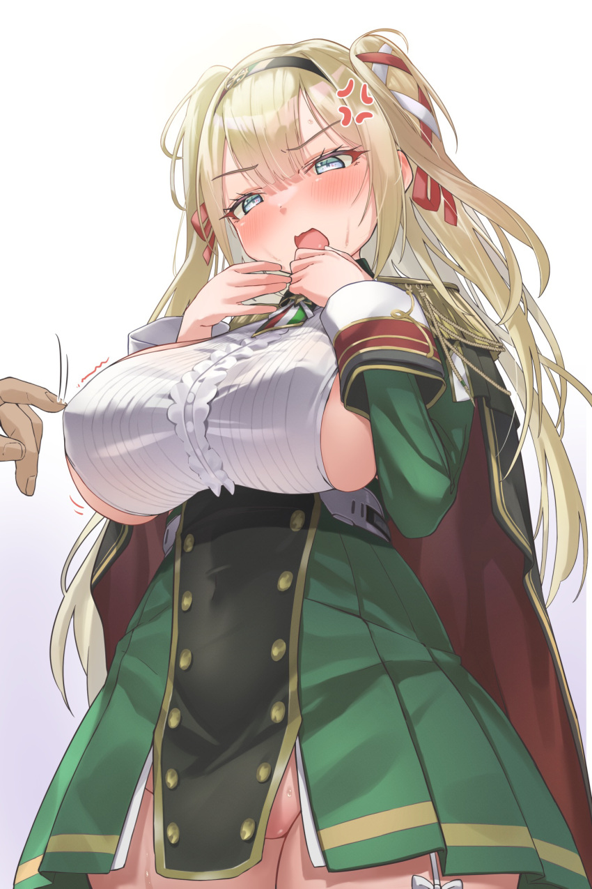 1boy 1girls aiguillette anger_vein angry annoyed azur_lane black_cape blonde_hair blue_eyes blush breasts cape center_frills commentary_request covered_navel covered_nipples dress epaulettes female frills garter_straps gorizia_(azur_lane) green_dress groin hair_between_eyes hair_ribbon hairband hands_up highres large_breasts light-skinned_female light-skinned_male light_skin long_hair long_sleeves many_ankles_(kurubushi_no_katamari) nipple_tweak no_panties open_mouth red_cape ribbon sardegna_empire_(azur_lane) shirt sideboob sidelocks simple_background solo_focus standing sweat two-sided_cape two-sided_fabric two_side_up white_background white_shirt