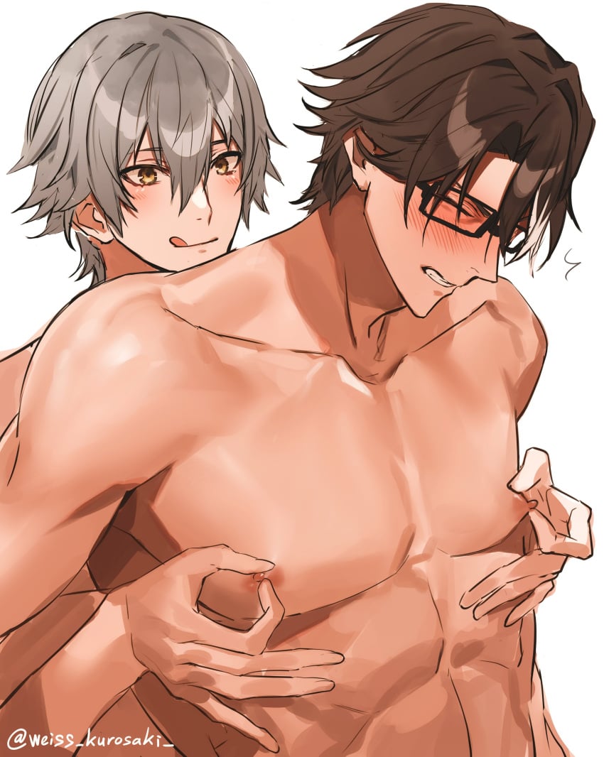 blush brown_hair caelus_(honkai:_star_rail) flinch flinching gay glasses grey_hair honkai:_star_rail honkai_(series) male_focus male_only muscles muscular muscular_male nipple_pinch nipples nude nude_male solo_focus weiss_kurosaki welt_yang_(honkai:_star_rail) yaoi yellow_eyes