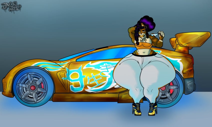 acceleracers anthro ass big_ass black_hair bubble_butt canine canis car femboy girly hot_wheels:_acceleracers huge_ass jacky_arts large_ass looking_at_viewer male male_only muscular muscular_male synkro thick_thighs thunder_thighs venus_(jacky_arts) voluptuous wide_hips