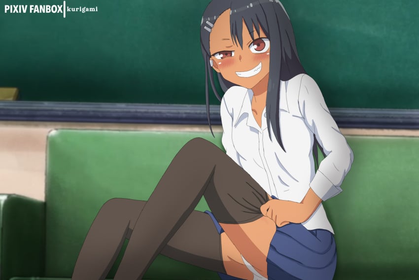 1girls black_hair blush breasts brown_eyes clothed clothing female female_focus female_only hayase_nagatoro hi_res highres kurigami long_hair looking_at_viewer please_don't_bully_me,_nagatoro revealing_clothes simple_background sitting skirt small_breasts smile solo tan tan-skinned_female tan_body tan_skin tanned tanned_female upskirt watermark