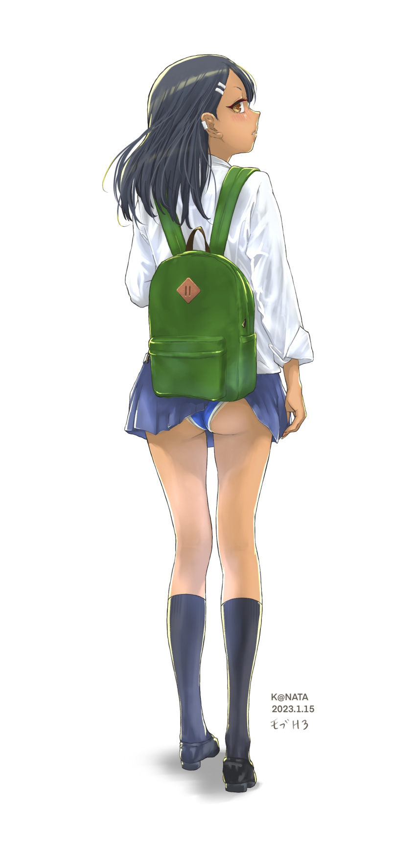 1girls accidental_exposure ass backpack black_hair brown_eyes clothed clothing dark_hair earrings female female_focus female_only hayase_nagatoro hi_res highres k@nata kneehighs long_hair looking_at_viewer looking_back please_don't_bully_me,_nagatoro revealing_clothes school_uniform schoolgirl shoes simple_background skirt skirt_up slender_legs socks solo swimsuit tan tan-skinned_female tan_body tan_skin tanned tanned_female thighs unaware upskirt watermark white_background