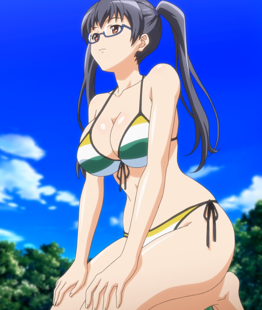 bathing_suit beach bikini curvy_figure eroge!_h_mo_game_mo_kaihatsu_zanmai female glasses kosaka_iori large_breasts on_knees screencap screenshot swimsuit twintails