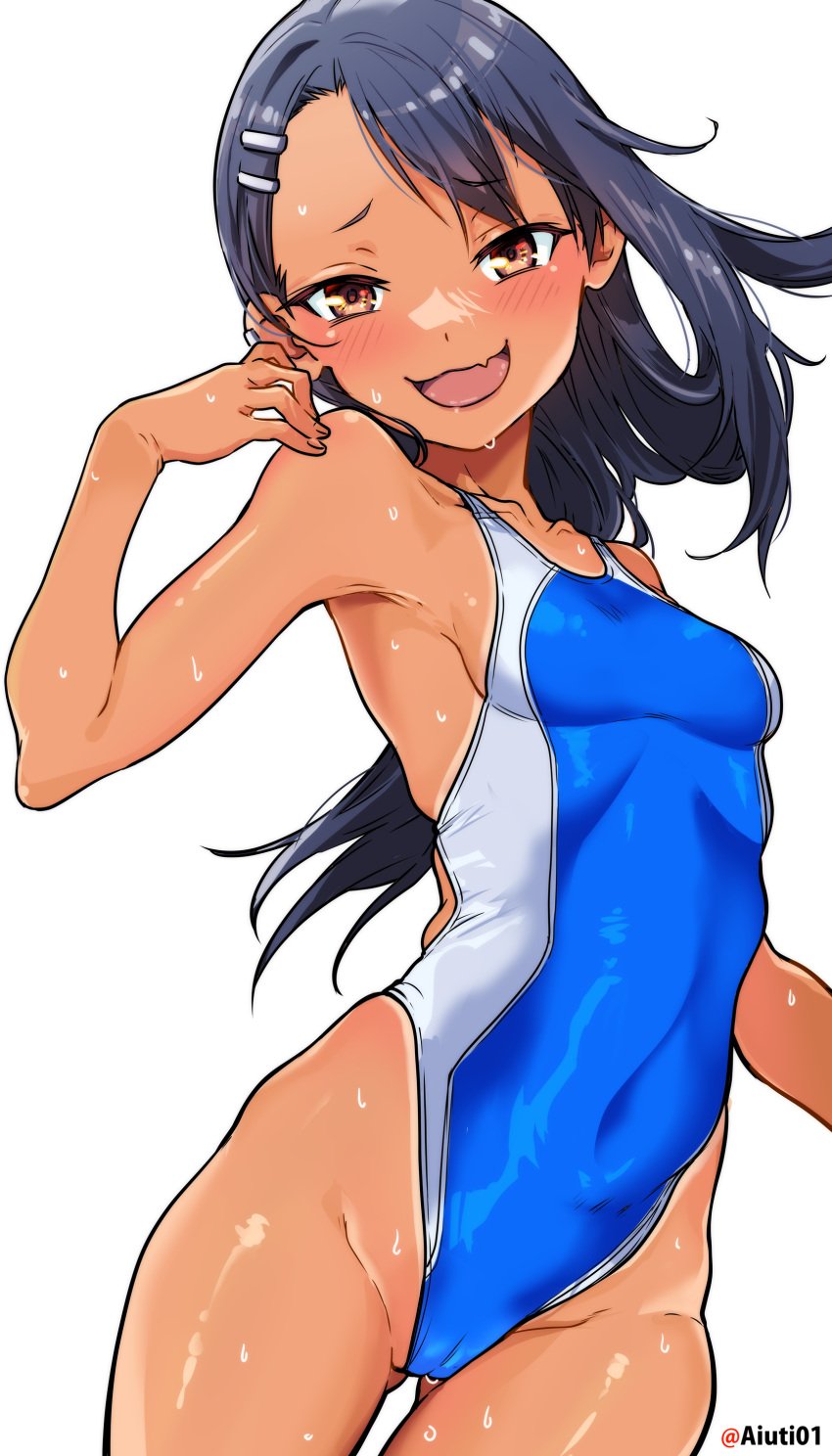 1girls aiuti black_hair blush breasts brown_eyes cameltoe clothed clothing earrings female female_focus female_only hayase_nagatoro hi_res highres long_hair looking_at_viewer navel open_mouth please_don't_bully_me,_nagatoro pose revealing_clothes simple_background small_breasts smile solo swimsuit tan tan-skinned_female tan_body tan_skin tanned tanned_female teen_girl teenage_girl teenager watermark