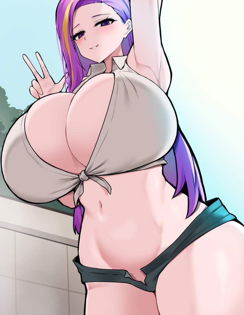 1girls armpits bare_shoulders big_breasts breasts busty cleavage curvaceous curvy curvy_body curvy_female curvy_figure eyelashes female female_only huge_breasts human human_only large_breasts original original_character peace_sign purple_hair solo solo_female thick thick_thighs thighs tiger_drop top_heavy voluptuous