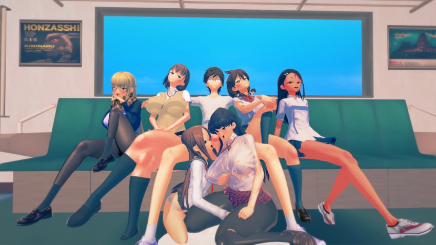 1boy 3d 6girls ai-chan_(tawawa) amano_megumi amano_megumi_wa_suki_darake! babakonga big_breasts black_hair blonde_hair breasts brown_eyes brown_hair clothed clothing crossover curvy female getsuyoubi_no_tawawa hayase_nagatoro hi_res highres human kaneda_mochiko karakai_jouzu_no_takagi-san komi-san_wa_komyushou_desu komi_shouko long_hair looking_at_viewer male medium_hair mount_celeb_kaneda-san multiple_girls naoto_hachioji_(senpai) please_don't_bully_me,_nagatoro pose revealing_clothes simple_background small_breasts takagi-san tan tan-skinned_female tan_body tan_skin tanned tanned_female wide_hips