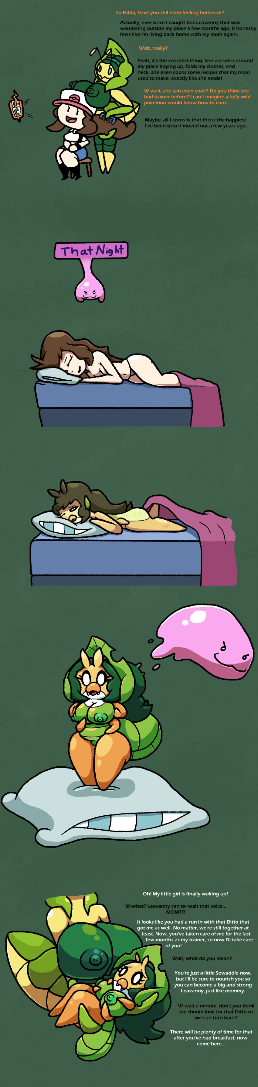 2girls 4_arms blue_eyes brown_hair bug bug_girl chabble comic ditto_(pokémon) ditto_(pokemon) green_hair hilda_(pokemon) insect_girl insects leavanny mother_(pokemon_bw) multiple_girls pokemon pokemon_(species) pokemon_bw post_transformation sewaddle sleeping transformation transformation_sequence