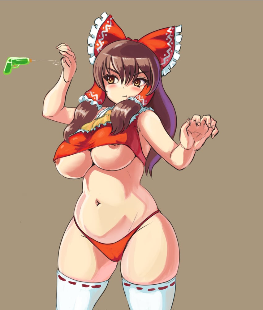 1girls 2d absolute_territory alternate_version_available bare_shoulders belly big_breasts blush breasts brown_eyes brown_hair closed_mouth covering crop_top dot_nose exposed_breasts female hips long_hair nipples panties profitshame reimu_hakurei sidelocks simple_background solid_color_background solo source standing thick_hips thick_thighs thighhighs thighs tied_hair touhou visible_nipples water_gun