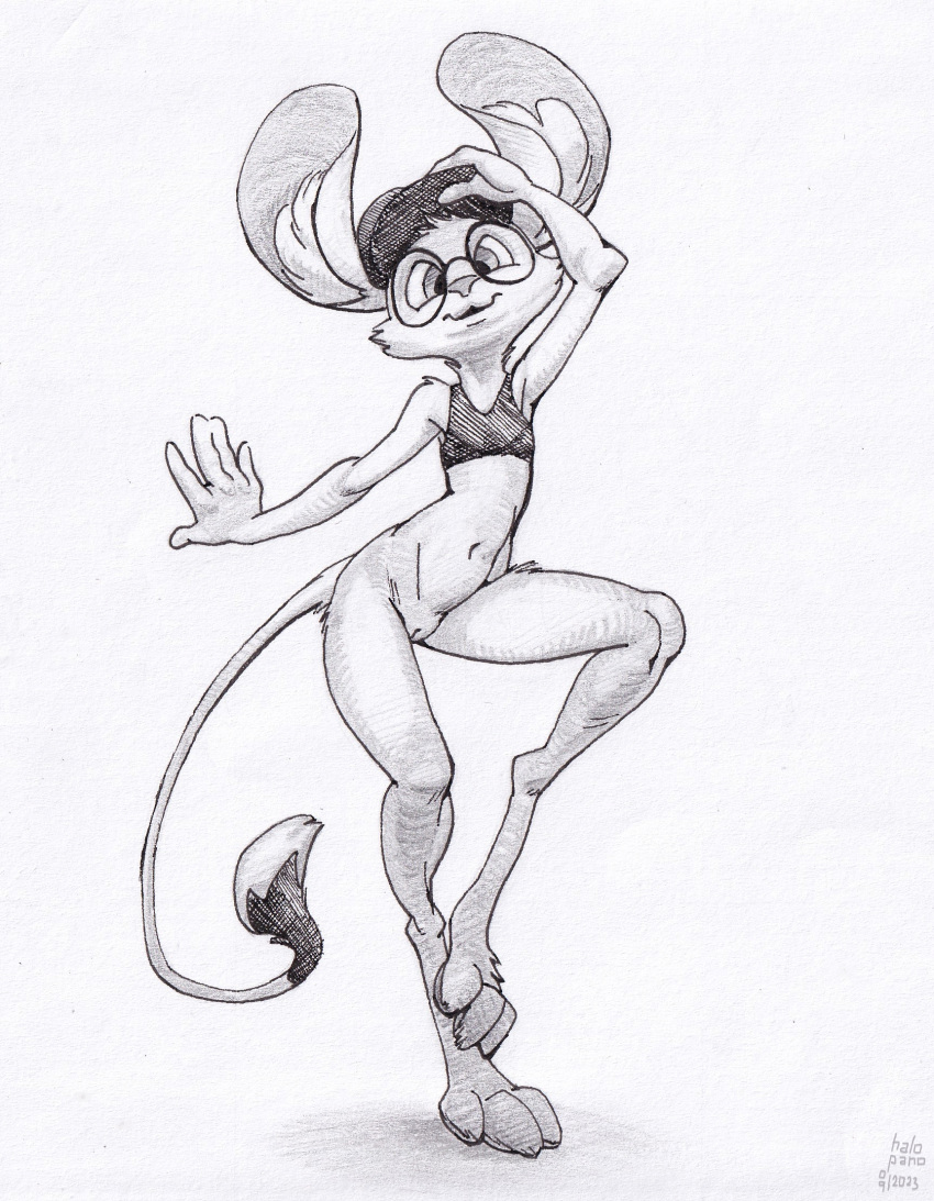 anthro big_ears clothing dipodid eyewear female genitals glasses graphite_(artwork) halo-pano hat headgear headwear hi_res jerboa luck_(animancer) mammal navel pencil_(artwork) pussy rodent shirt solo tail tank_top topwear traditional_media_(artwork)