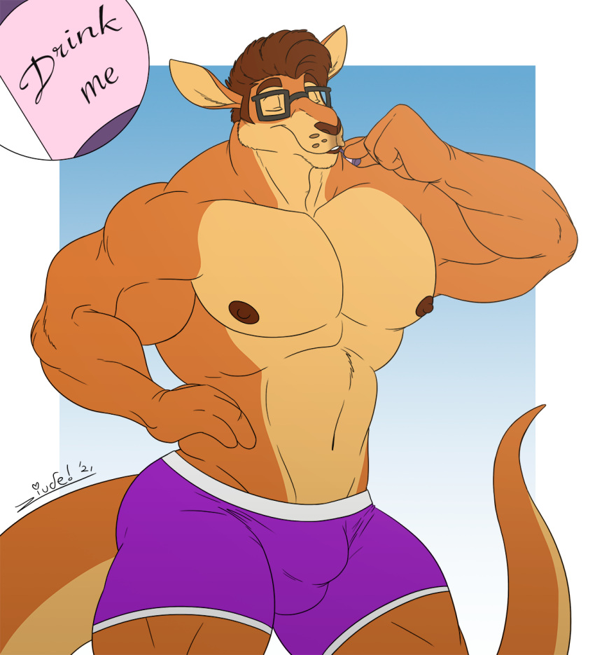 2021 anthro biceps biped brown_body brown_fur brown_hair bulge closed_eyes clothed clothing dangaroo digital_media_(artwork) drinking_potion english_text eyewear fur glasses hair hi_res juano kangaroo macropod male mammal marsupial muscular muscular_anthro muscular_male nipples partially_clothed pecs portrait potion purple_clothing purple_underwear simple_background solo standing tail text topless underwear underwear_only