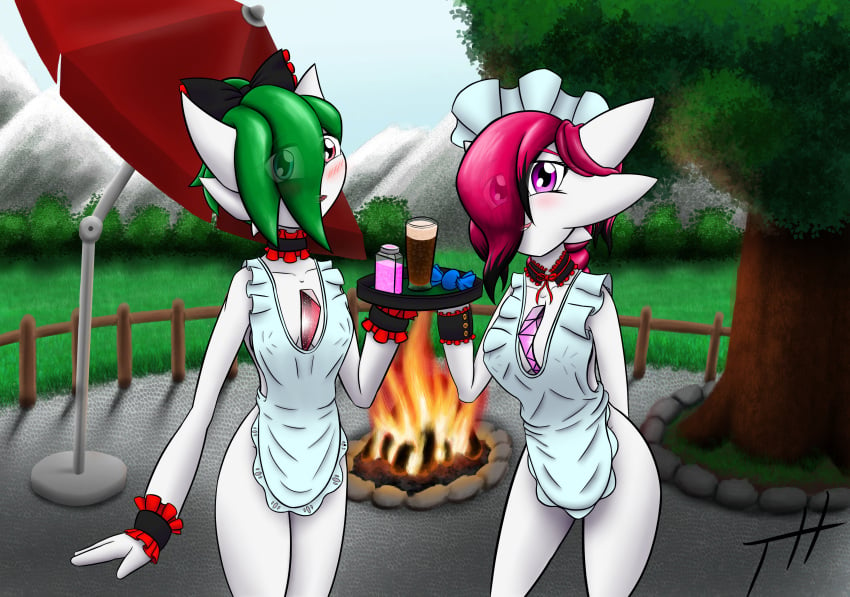 2023 3_fingers absurd_res apron apron_only beverage bonfire clothing detailed_background duo female fingers gardevoir generation_3_pokemon ghostth39 green_hair hair hair_over_eye hand_behind_back happy hi_res humanoid looking_at_viewer maid_apron maid_collar maid_headdress nintendo not_furry one_eye_obstructed pokemon pokemon_(species) purple_eyes red_eyes red_hair ruby_(ghostth39) serving_tray signature smile smiling_at_viewer uniform