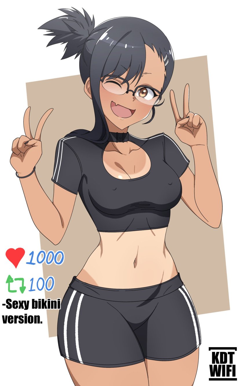 1girls big_breasts black_hair blush breasts brown_eyes clothed clothing collar curvy fangs female female_focus female_only hayase_nagatoro hi_res highres kdtwifi long_hair looking_at_viewer navel nipples open_mouth peace_sign please_don't_bully_me,_nagatoro revealing_clothes simple_background solo tan tan-skinned_female tan_body tan_skin tanline tanned tanned_female wide_hips wink