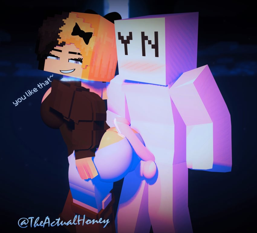 1boy 1girls 2023 3d artist_name artist_signature big_ass big_butt chained dialogue dick erect_penis female gray_eyes honey_(tah) horny_female humanoid male mine-imator minecraft multicolored_hair precum_drip smile tagme theactualhoney watermark