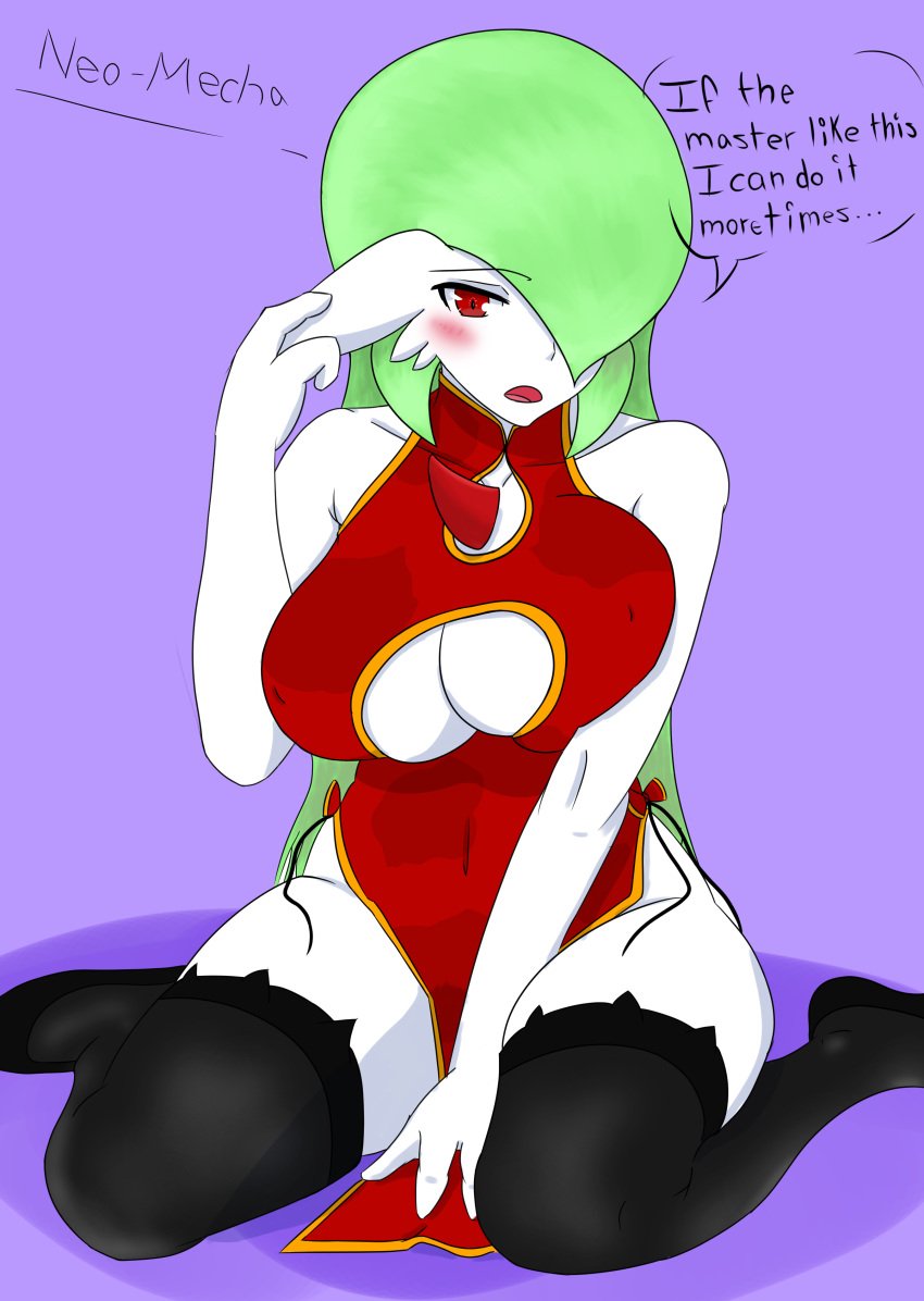 2019 absurd_res asian_clothing big_breasts blush breasts chinese_clothing chinese_dress cleavage_cutout clothing dialogue dress east_asian_clothing embarrassed female gardevoir generation_3_pokemon green_hair hair hand_on_ear hi_res legwear neo_mecha nintendo not_furry open_mouth pokemon pokemon_(species) red_eyes signature simple_background solo stockings text thick_thighs thigh_highs