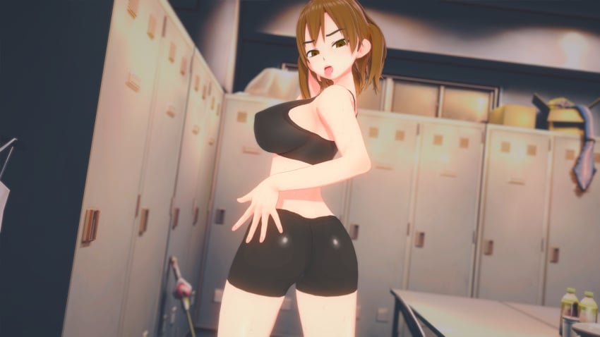 1girls 3d ass big_ass big_breasts breasts brown_eyes brown_hair cricgck curvy female_focus female_only hi_res looking_at_viewer looking_back medium_hair open_mouth please_don't_bully_me,_nagatoro pose shikki_(nagatoro) solo sports_bra sportswear wide_hips