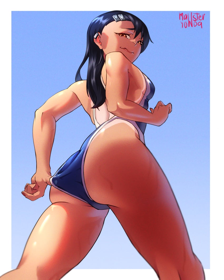 1girls ass black_hair breasts brown_eyes clothed clothing earrings female female_focus female_only hayase_nagatoro hi_res highres long_hair looking_at_viewer looking_back mawsteryowda please_don't_bully_me,_nagatoro revealing_clothes simple_background small_breasts solo swimsuit tan tan-skinned_female tan_body tan_skin tanline tanned tanned_female watermark