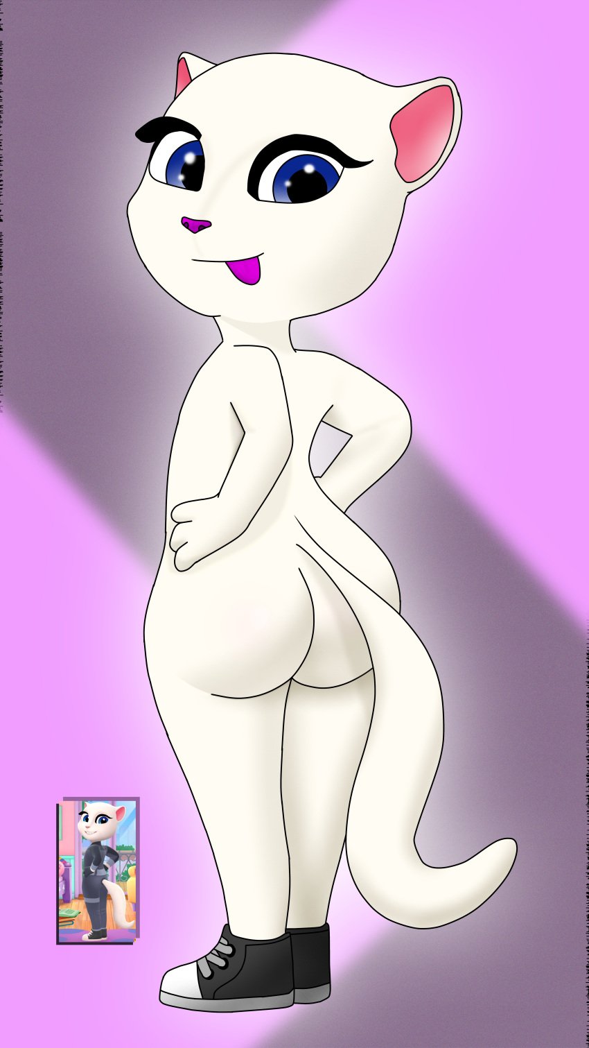 16:9 1girls 8k absurd_res alternate_version_available big_ass big_butt black_shoes blue_eyes bubble_butt domestic_cat furry glowing hands_on_hips hi_res humanoid line looking_back my_talking_angela my_talking_angela_2 naked naked_female outfit7 presenting presenting_ass purple_background shiny_eyes shoes simple_background smiling_at_viewer solo sticking_out_tongue tail talking_angela talking_friends talking_tom_and_friends_(series) tracing video_game video_games white_hair yiff