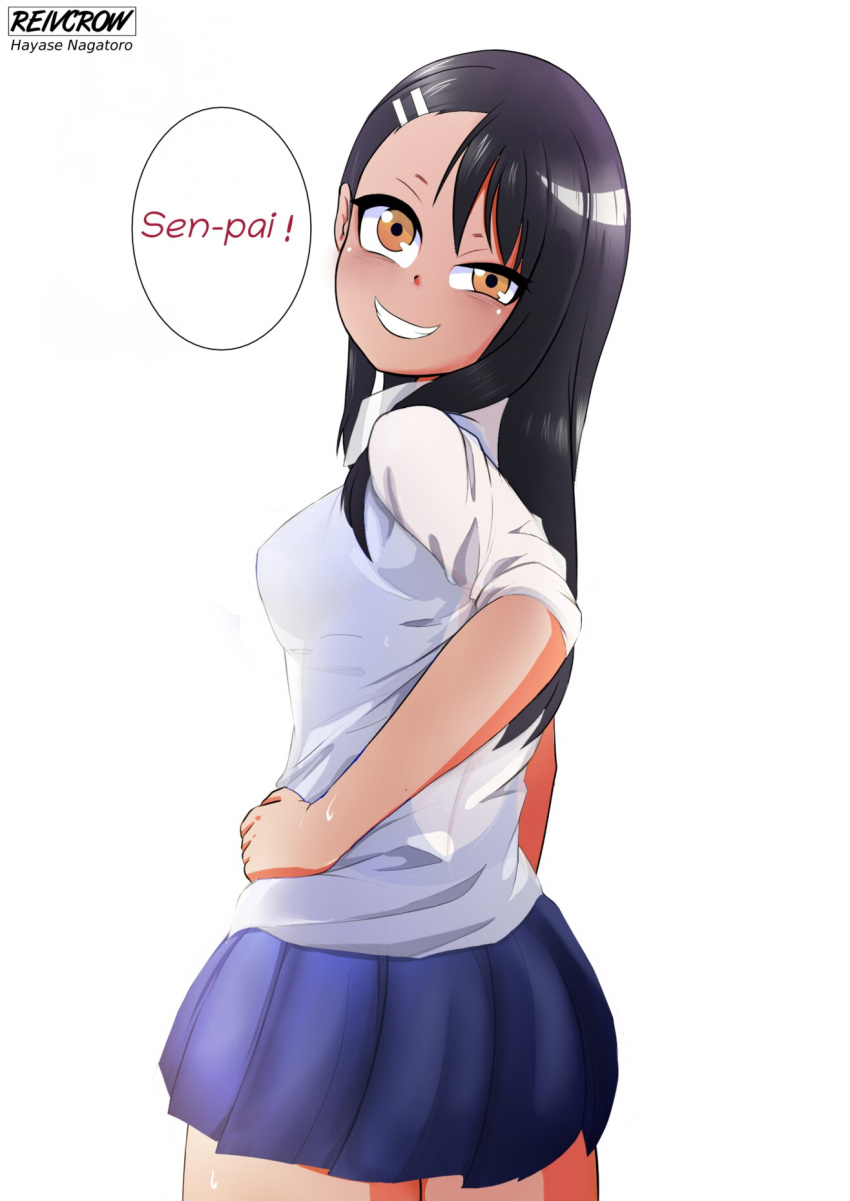 1girls black_hair breasts brown_eyes clothed clothing english_text female female_focus female_only hayase_nagatoro hi_res highres long_hair looking_at_viewer looking_back please_don't_bully_me,_nagatoro reivcrow revealing_clothes sideboob simple_background skirt small_breasts smile solo tan tan-skinned_female tan_body tan_skin tanline tanned tanned_female text watermark white_background wide_hips