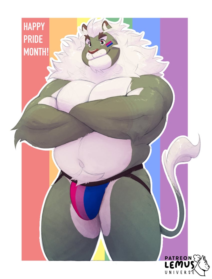 2023 anthro artist_logo artist_name baddonut biceps bisexual_pride_colors bodypaint clothed clothing crossed_arms deltoids english_text face_paint felid fur green_body green_fur hair hi_res jockstrap jockstrap_only leo_(baddonut) lgbt_pride lion logo male male_only mammal mane multicolored_body multicolored_fur musclegut muscular muscular_anthro muscular_male navel pantherine pride_colors pubes rainbow_flag rainbow_pride_flag rainbow_symbol red_eyes solo standing tail tail_tuft text topless tuft two_tone_body two_tone_fur underwear underwear_only white_body white_fur white_hair