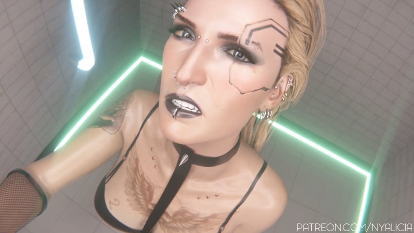 1girls 3d arm_tattoo armwear augmentation blonde_female blonde_hair bridge_piercing brow_piercing brown_lipstick cd_projekt_red chest chest_tattoo clavicle collarbone collarbone_piercing cyberpunk cyberpunk_2077 dark_lipstick ear_piercing ear_piercings eyebrow_piercing eyebrow_slit eyebrow_slits eyelashes female fishnet fishnet_armwear futuristic gritted_teeth human indoors industrial_piercing joints light-skinned_female light_skin lipstick makeup mascara meredith_stout multiple_piercings neon_lights nose nose_bridge_piercing nose_piercing nyalicia patreon_url piercing piercings punk ring_light septum_piercing shower shower_room skull_tattoo straps tattoo tattoo_on_arm tattoo_on_chest teeth url watermark wings_tattoo