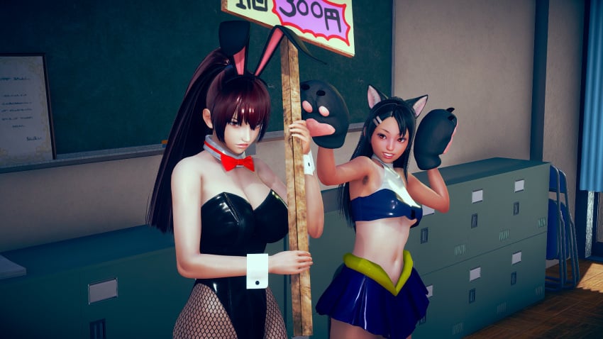 2girls 3d big_breasts black_hair breasts brown_eyes bunny_ears bunnysuit cat_ears catgirl clothed clothing curvy female female_focus female_only hayase_nagatoro hi_res highres long_hair please_don't_bully_me,_nagatoro president_(nagatoro) revealing_clothes sana_sunomiya simple_background small_breasts tan tan-skinned_female tan_body tan_skin tanned tanned_female waki112 wide_hips