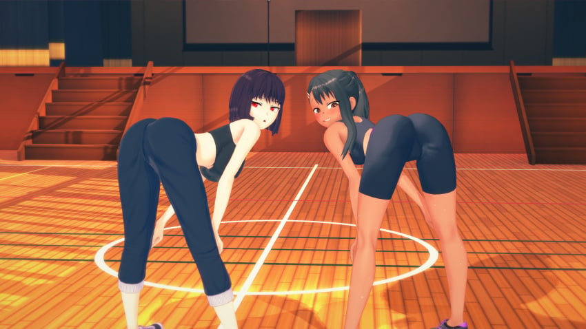 2girls 3d areolae ass big_ass big_breasts black_hair blush breasts brown_eyes cricgck curvy female female_only hana_sunomiya hayase_nagatoro hi_res highres long_hair looking_at_viewer looking_back medium_hair multiple_girls navel nipples nude open_mouth please_don't_bully_me,_nagatoro ponytail pose purple_hair red_eyes sideboob simple_background small_breasts sports_bra sportswear tan tan-skinned_female tan_body tan_skin tanline tanned tanned_female wide_hips