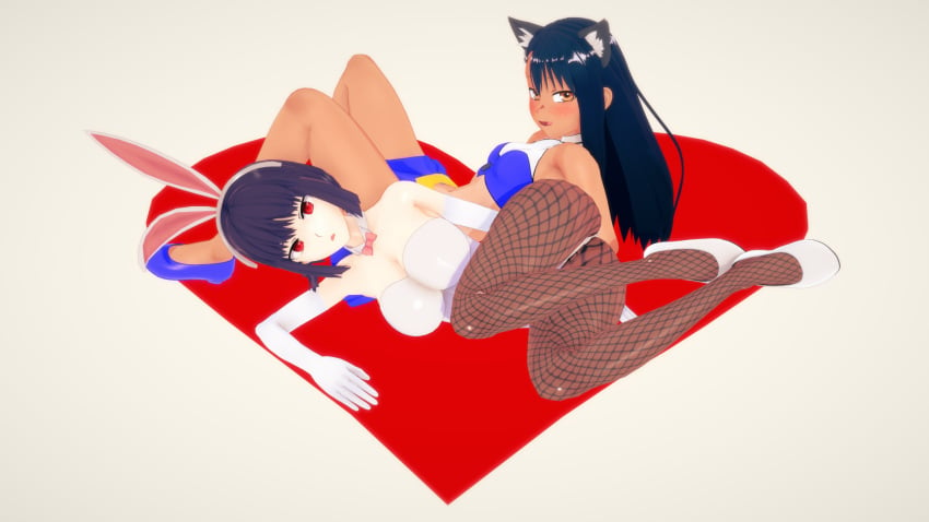 2girls 3d big_breasts black_hair blush breasts brown_eyes bunny_ears bunnysuit cat_ears catgirl clothed clothing cricgck curvy female female_only hana_sunomiya hayase_nagatoro hi_res highres long_hair looking_at_viewer multiple_girls on_side open_mouth please_don't_bully_me,_nagatoro pose purple_hair red_eyes revealing_clothes simple_background small_breasts tan tan-skinned_female tan_body tan_skin tanline tanned tanned_female wide_hips