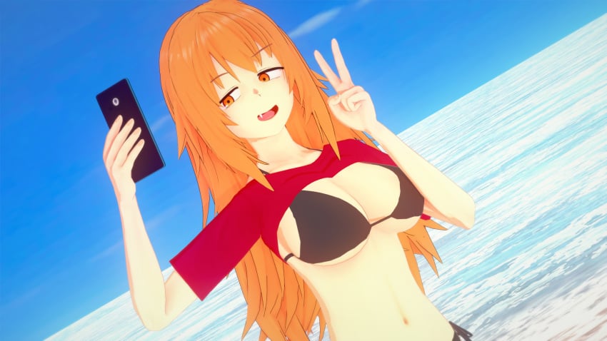 1girls 3d beach big_breasts bikini breasts clothed clothing cricgck curvy female female_focus female_only gamo-chan hi_res highres long_hair navel ocean open_mouth orange_eyes orange_hair peace_sign please_don't_bully_me,_nagatoro revealing_clothes selfie simple_background solo undressing v wide_hips