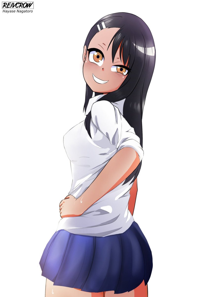 1girls black_hair breasts brown_eyes clothed clothing female female_focus female_only hayase_nagatoro hi_res highres long_hair looking_at_viewer looking_back please_don't_bully_me,_nagatoro reivcrow revealing_clothes sideboob simple_background skirt small_breasts smile solo tan tan-skinned_female tan_body tan_skin tanline tanned tanned_female watermark white_background wide_hips