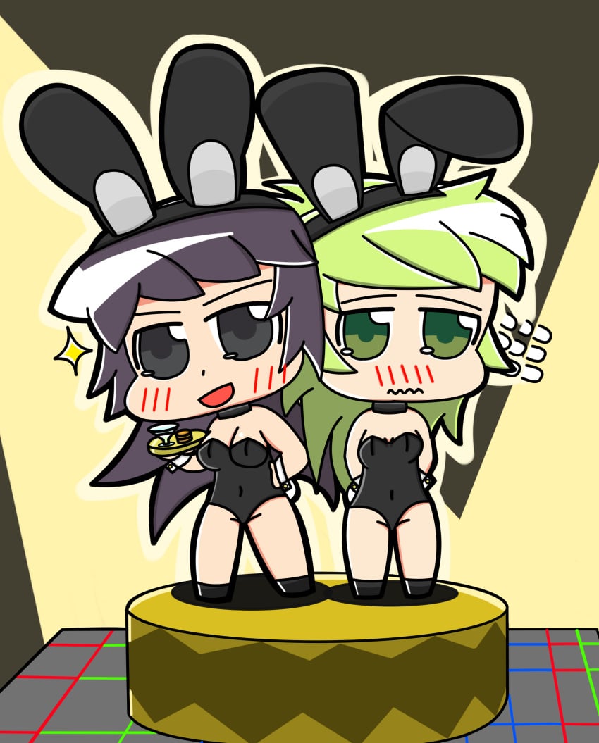 2girls belly_button big_breasts blush breasts bunny_ears bunny_girl bunnysuit chibi choker collar color cuffs embarrassed female flying_sweatdrops generic_pervert green_eyes green_hair grey_eyes grey_hair hair hair_ornament headband large_breasts light-skinned_female light_skin long_hair looking_at_viewer platter shiny shiny_breasts shiny_hair shiny_skin shoulders small_breasts sparkle stage stage_lights sweat sweatdrop the_battle_cats thundia tight tight_clothing waitress windy_(battle_cats)