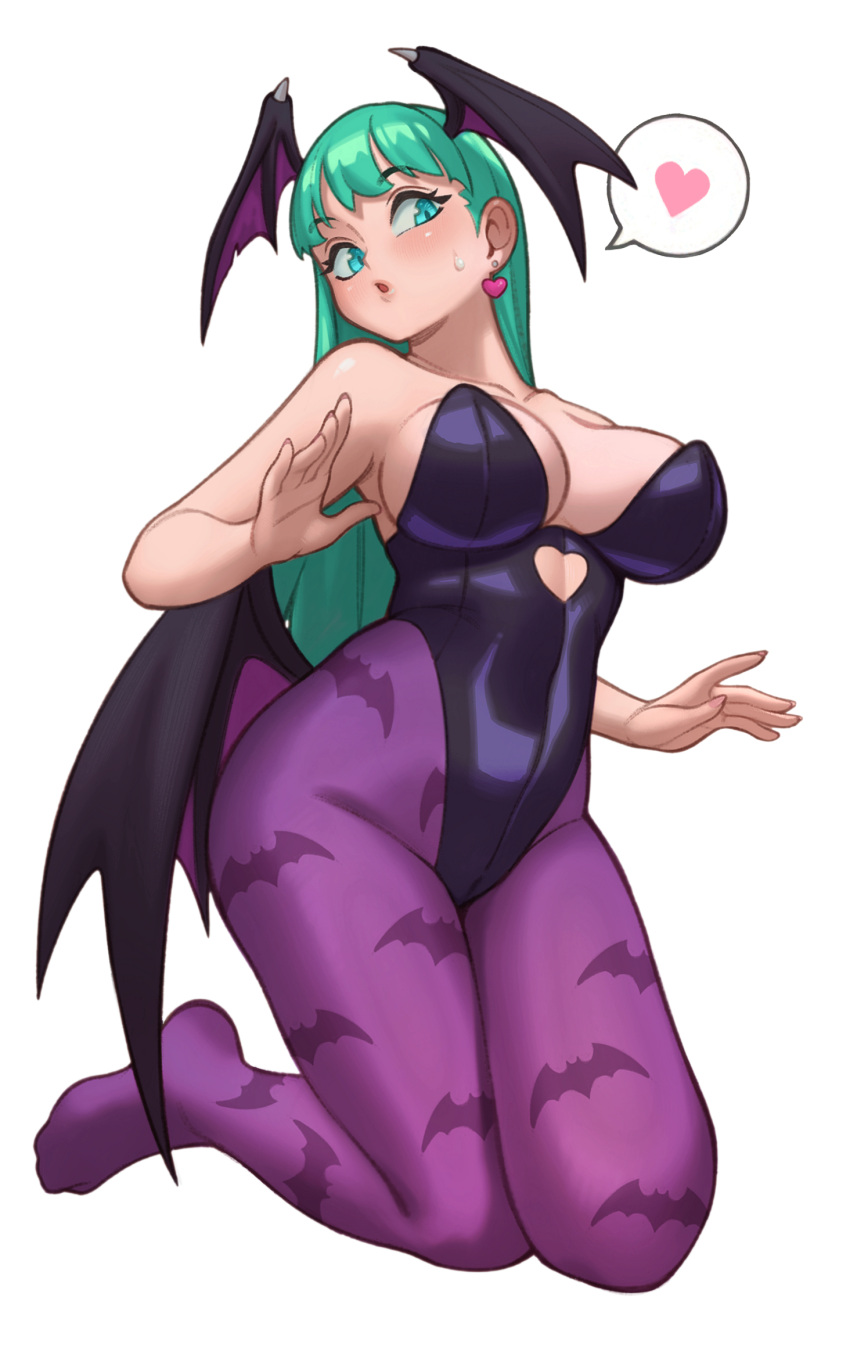 1girls animal_print bat_print capcom clothing darkstalkers earrings female female_only green_hair head_wings heart heart_shape hi_res kneeling lentiyay leotard long_hair looking_away medium_breasts morrigan_aensland pantyhose purple_pantyhose solo spoken_heart succubus succubus_wings white_background wings