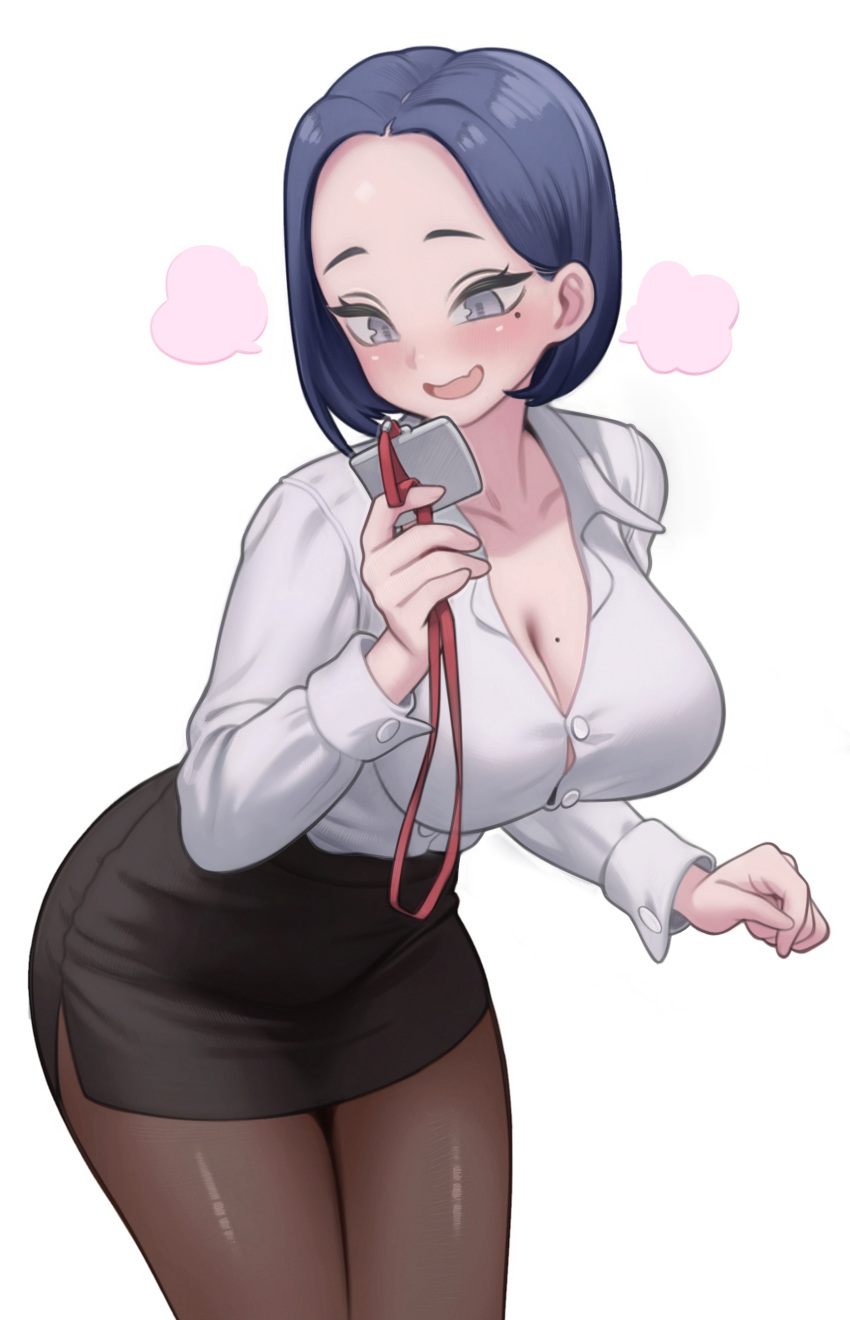 1girls 2023 blue_hair blush cleavage female female_only id_badge id_card lentiyay medium_hair mole mole_on_breast mole_under_eye office_lady pantyhose shirt skirt smiling solo very_high_resolution white_background