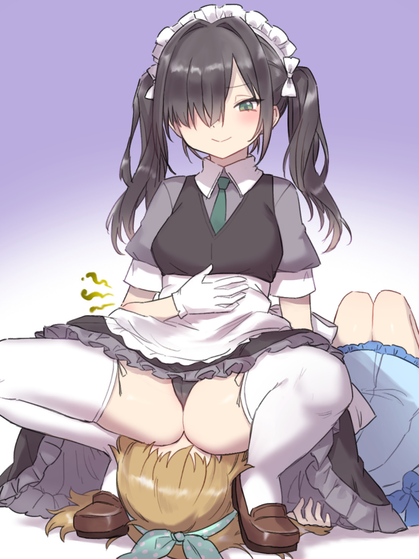 13o 2girls black_hair black_panties blonde_hair blue_dress blush blushing facesitting female female_focus female_only green_eyes growling hairbow hand_on_stomach maid maid_apron maid_headdress maid_outfit maid_uniform multiple_girls panties skirt stomach_growling thong