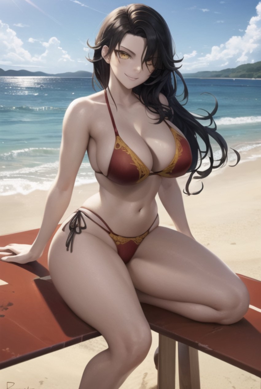 1girls ai_generated beach big_breasts bikini black_hair busty cinder_fall rooster_teeth rwby solo transformationwitch yellow_eyes